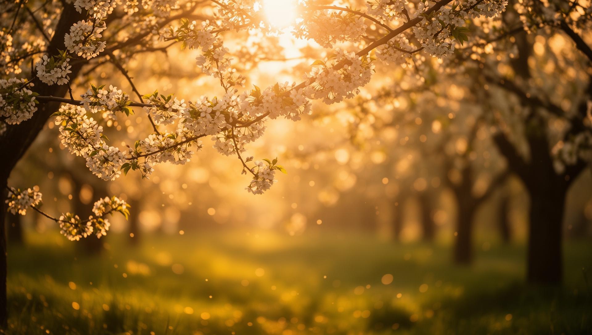 Warme Naturszene mit Blüten im goldenen Licht